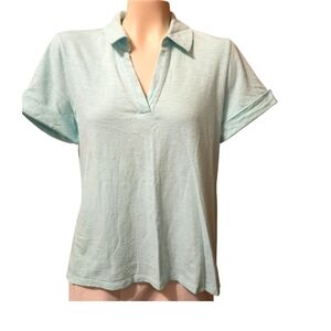 TALBOTS Roll Cuff V Neck Johny Collar‎ Hip Length Polo Mint Cotton Modal Medium